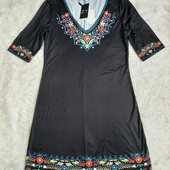 COZY Women's Black Floral Boho Neck Print Short Sleeves V-Neck Mid Dress XXL - Picture 2 of 8